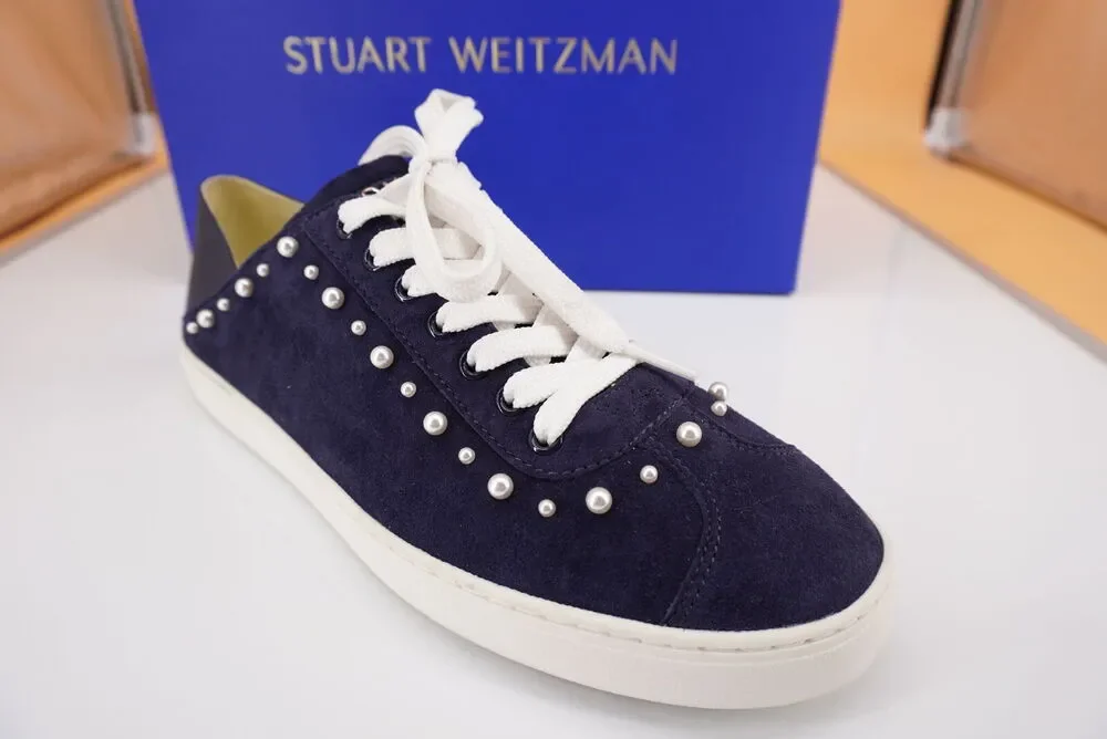 Stuart Weitzman Super Stud Blue Suede Beaded Flat Sneakers Size 9 New $350